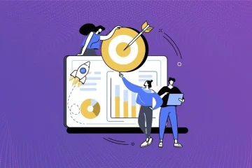 Illustration of a team aligning goals and analyzing progress dashboards for OKR tracking.