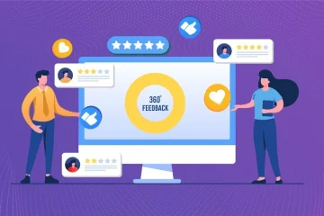 Employees contributing to a central 360° feedback hub with various rating and review indicators.