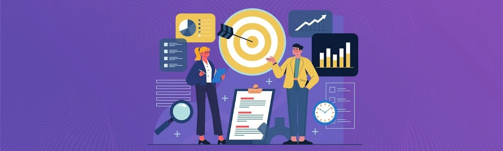 Illustration of two professionals discussing goals and metrics, with charts and analytics icons representing OKR implementation.