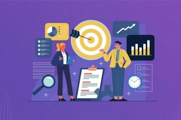 Illustration of two professionals discussing goals and metrics, with charts and analytics icons representing OKR implementation.