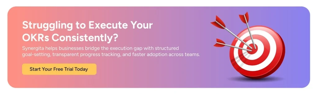 CTA image inviting readers to try Synergita OKR with a 14-day free trial.